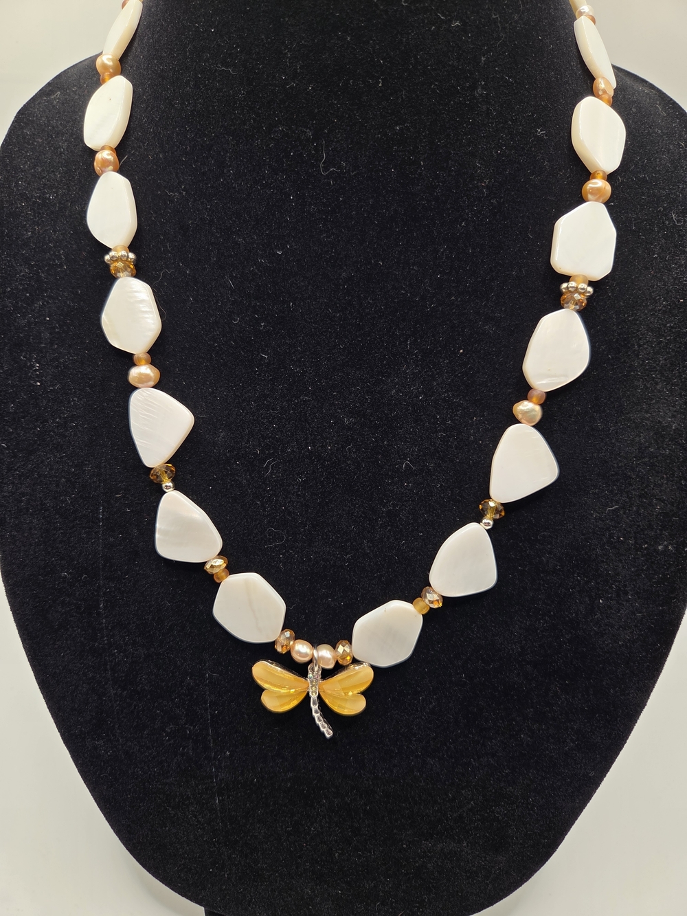 1656. Mother Of Pearl And Freshwater Pearl Amber Dragonfly Necklace